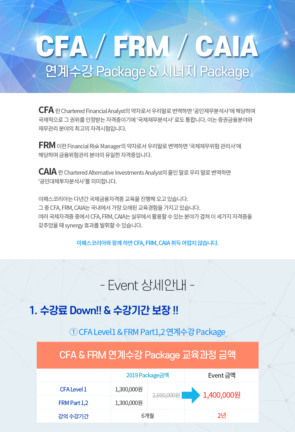 CFA / FRM / CAIA 연계수강 Package & 시너지 Package